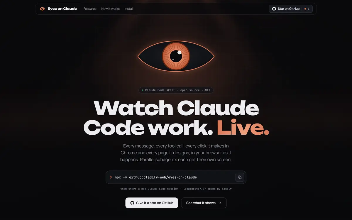 Landing de Eyes on Claude hecha con One-Shoot