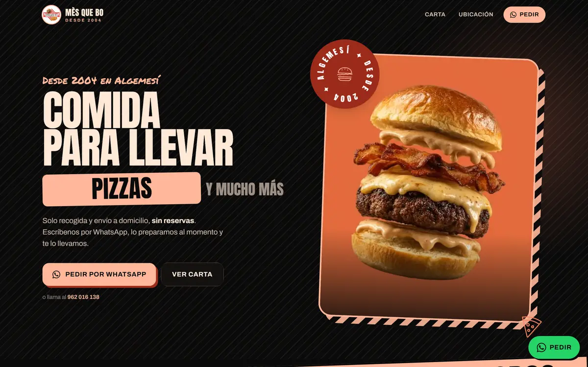 Web de la hamburguesería Mès Que Bo hecha con One-Shoot