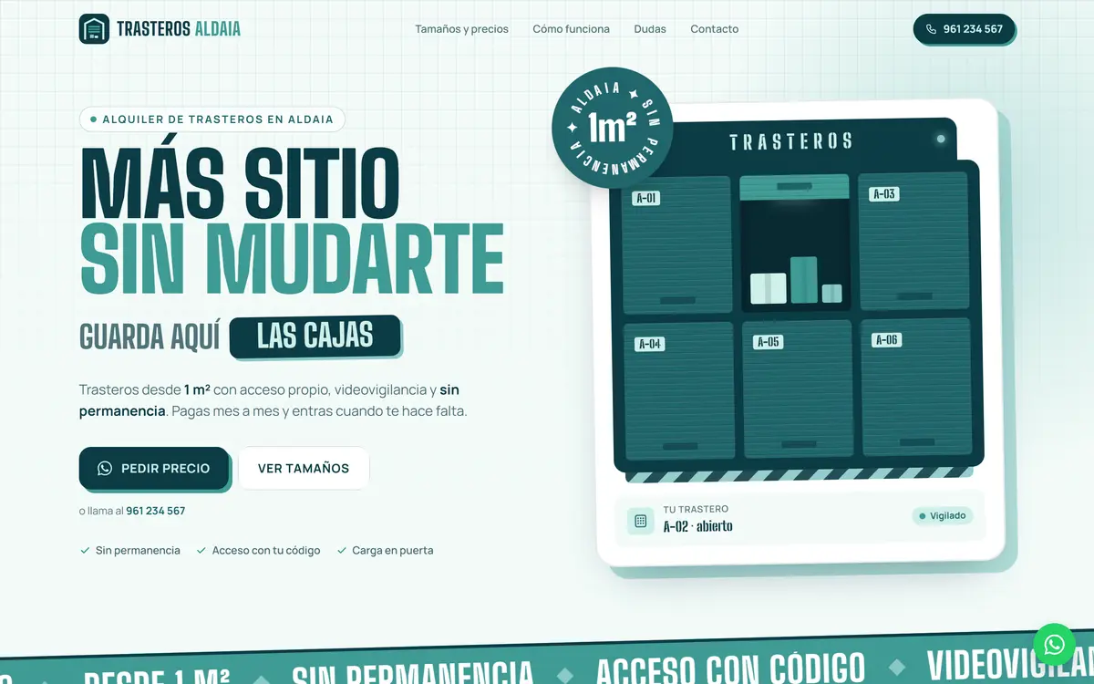Web de Trasteros Aldaia hecha con One-Shoot